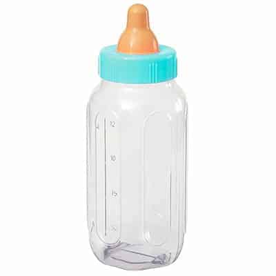 standard plastic baby bottle with blue lid and brown nipple