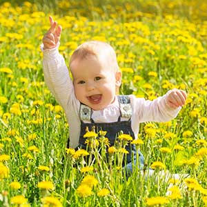 baby playing in field of flowers
