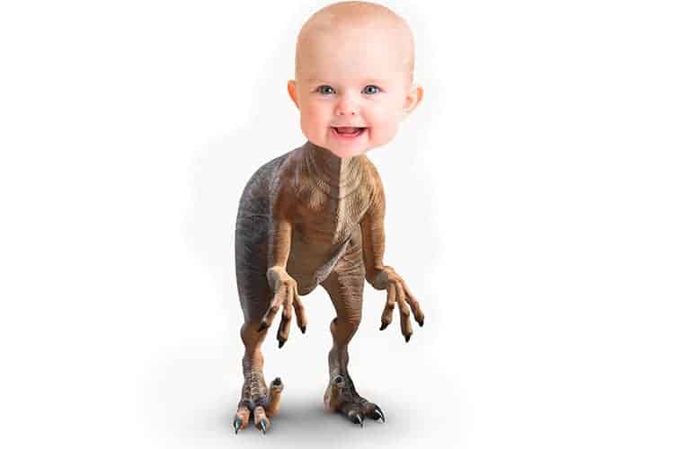 Baby face on dinosaur body with sharp claws