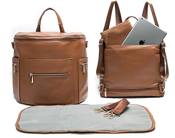 Leather Diaper Bag Backpack by Miss Fong, Diaper Bag with Changing Pad, Diaper Bag Organizer,Stroller Straps and Insulated Pockets (Brown- New Convertible) 