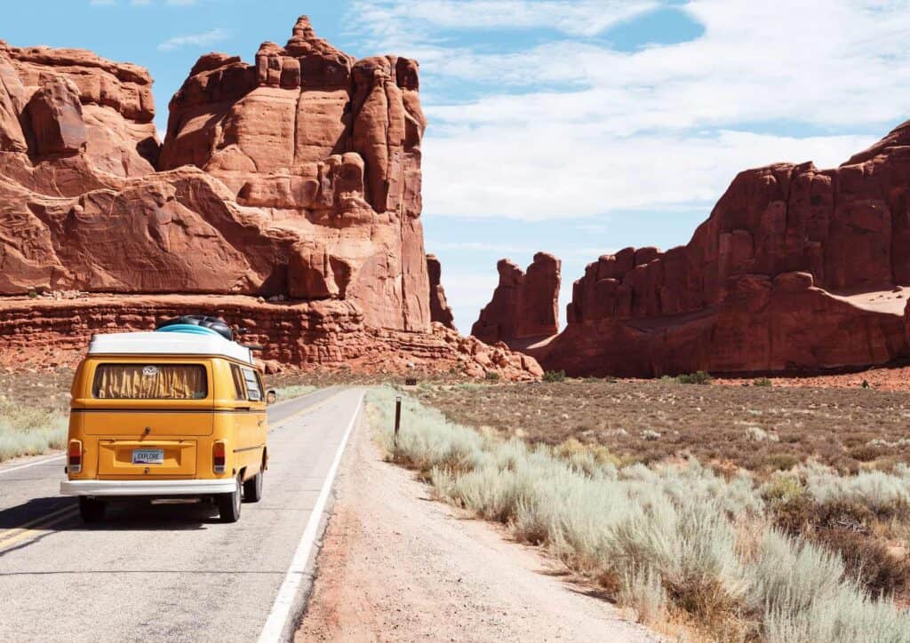 A Volkeswagon van on a cross country road trip