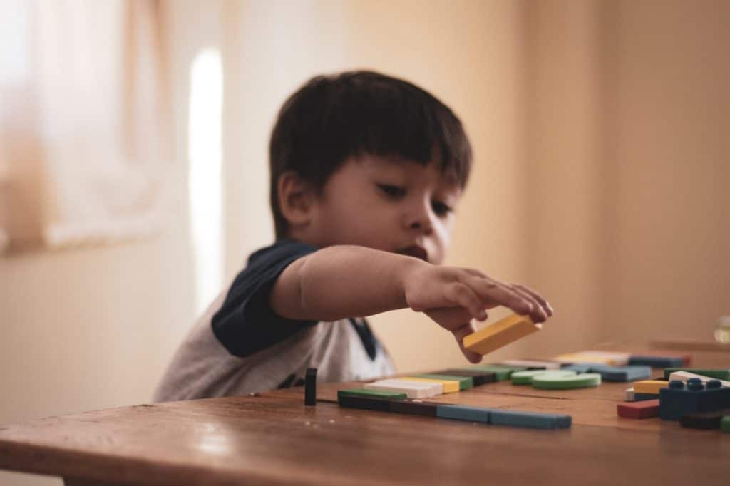 Young little boy holding block toy
