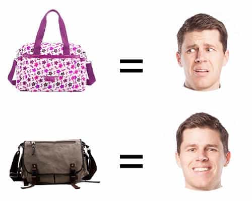man happy and disgusted face by different style of diaper bags