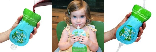 reusable baby food pouched being filled eaten and washed