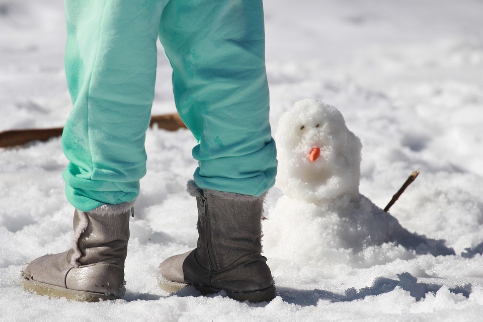 Boy is Wearing the Best Toddler Snow Boots and beside him is a snow man