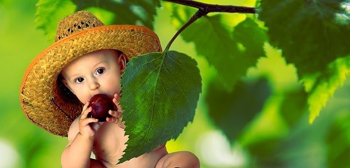 Baby with a cap holding red fruit