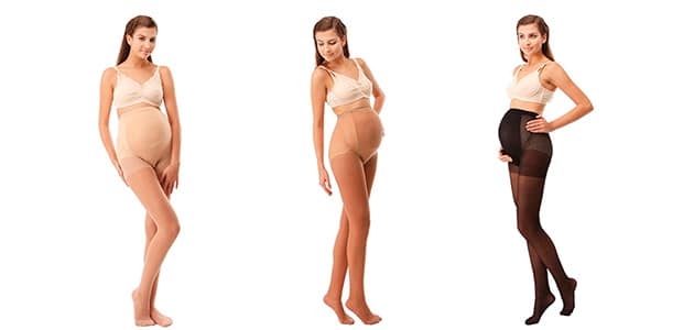 three pregnant moms wearing compression stockings in different colors