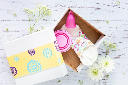 pink menstrual cup in box