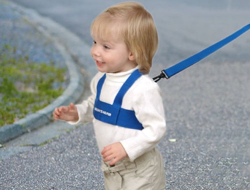 toddler strapped into safety harness crossing the road