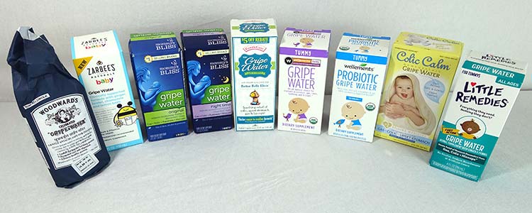 Different brands of gripe water in a row