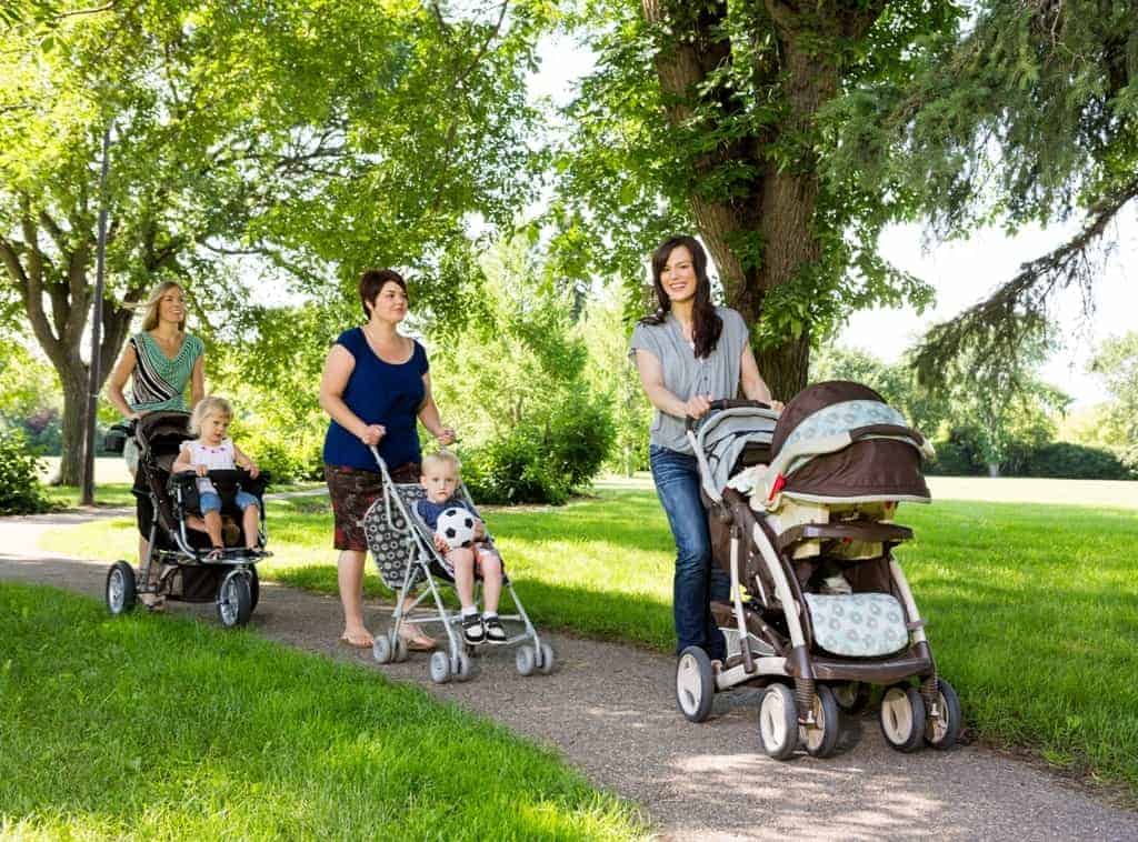 Mothers With Baby Strollers Walking In Park