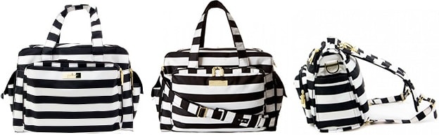 convertible diaper bag in black and white stripes turns into messenger, tote or backpack