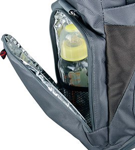 Insulated baby bottle pocket on grey diaper bag