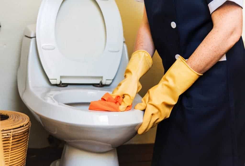 person cleaning a toilet bowl