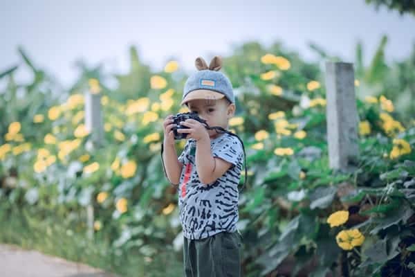 Boy Holding Camera In Front Of Yellow Flowers